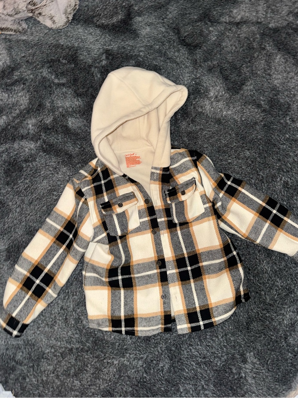 Cat & Jack Cream, Black & Gray Plaid Hooded Shirt Jacket